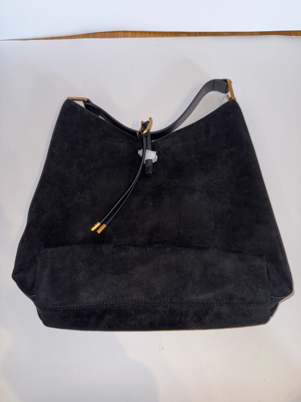 JW PEI Black Suede Drawstring Shoulder Bag with Gold Accents